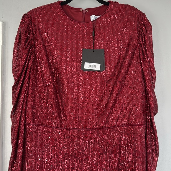 IEENA FOR MAC DUGGAL red wine 16 Sequined High Neck Puff Long Sleeve Column Gown - Picture 8 of 9